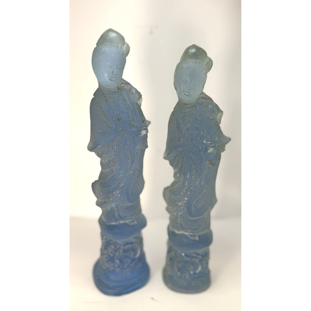 Vintage 2 Japanese Geisha Doll Figurine Blue Kimono Resin Plastic Hollywood MCM